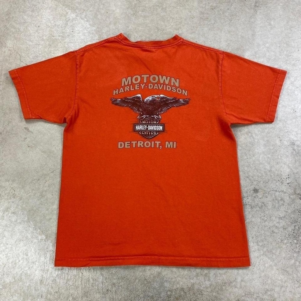Vintage 90s Harley Davidson Shirt Size Large Orange Detroit Michigan Biker Eagle - Picture 2 of 4